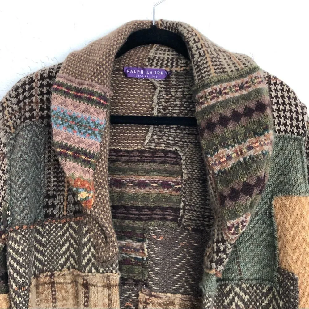 RALPH LAUREN COLLECTION Purple Label Patchwork Shawl-Collar Cardigan Size Medium - Picture 2 of 10